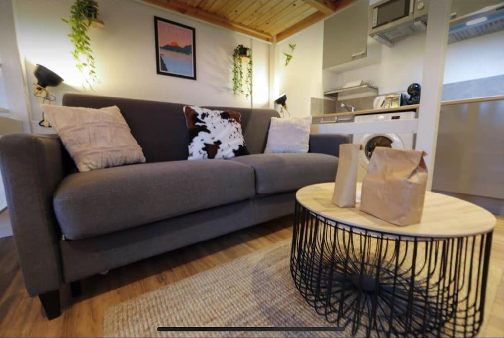 un salon avec un canapé et une table dans l'établissement Lake Escape - with private parking, à Annecy