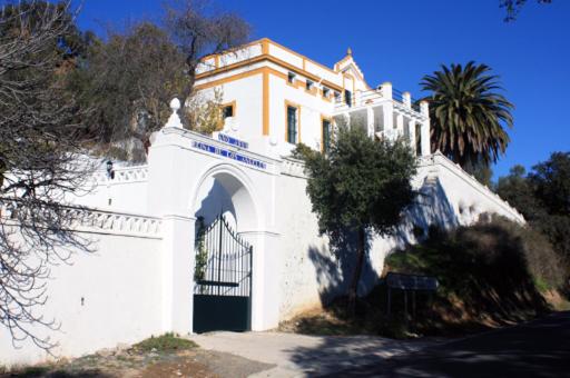 biały budynek z bramą i palmą w obiekcie El Retiro de Alajar w mieście Alájar