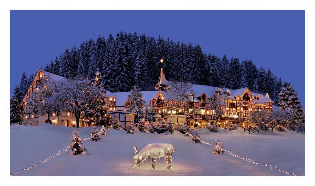 un espectáculo de Navidad de un lodge con un ciervo en la nieve en Relais & Châteaux Jagdhof Glashütte, en Bad Laasphe