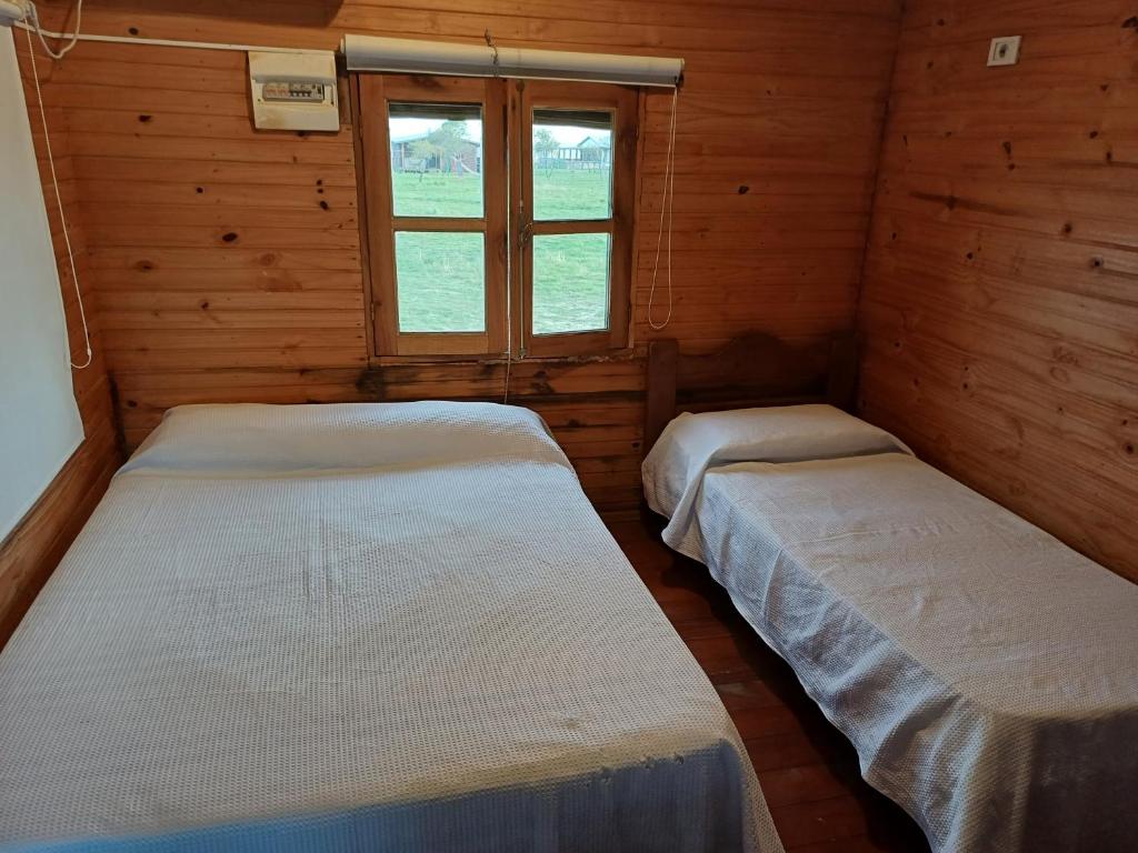 2 Betten in einem Zimmer mit Fenster in der Unterkunft Cabañas Los Piamonteses Cosmopolita in Juan L. Lacaze