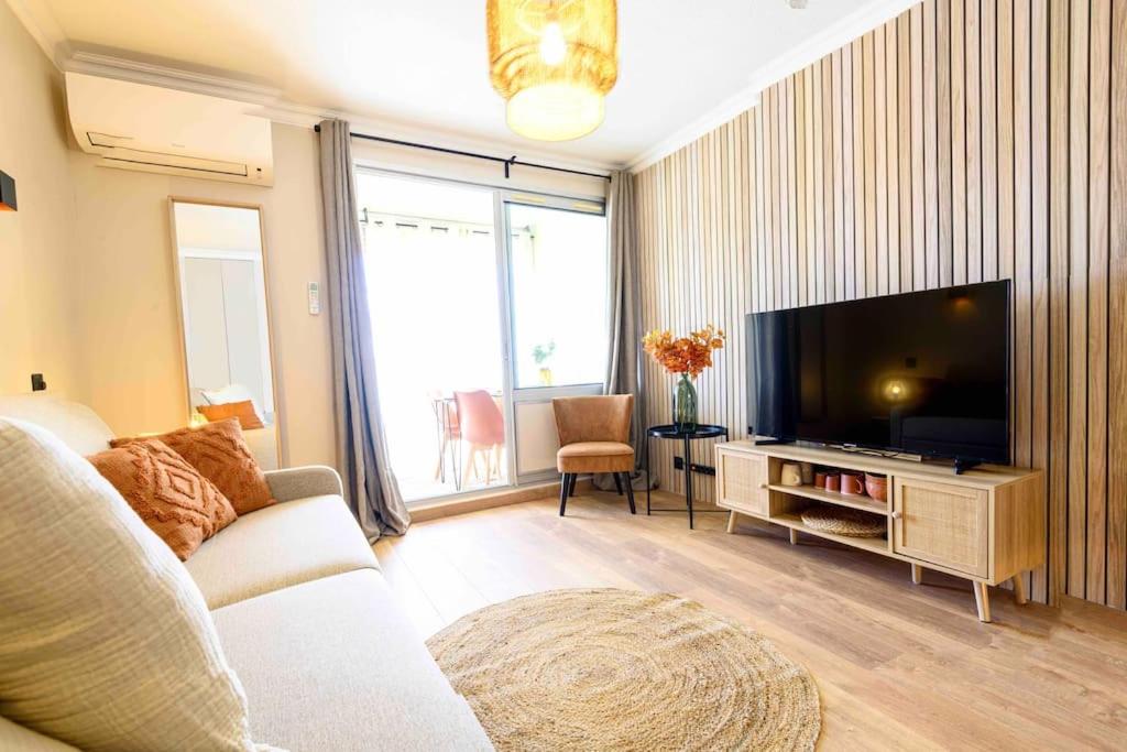 un salon avec un canapé et une télévision à écran plat dans l'établissement Magnifique Appart Ac Terrasse-Plage à Pied-Parking privé, à Carqueiranne
