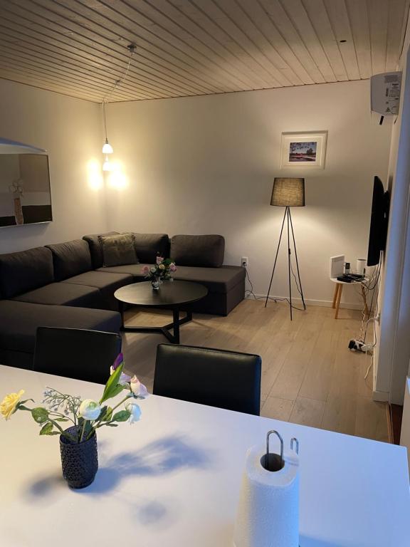 a living room with a couch and a table at Søhusets anneks2 in Viborg