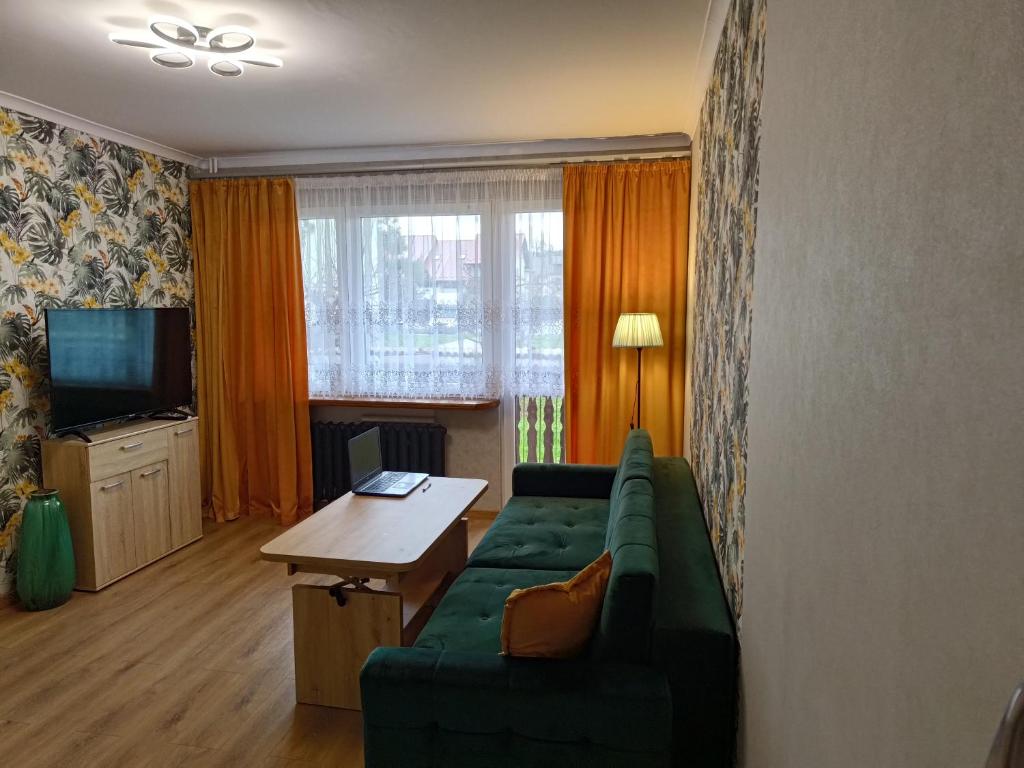 a living room with a green couch and a television at Miętówka in Żywiec