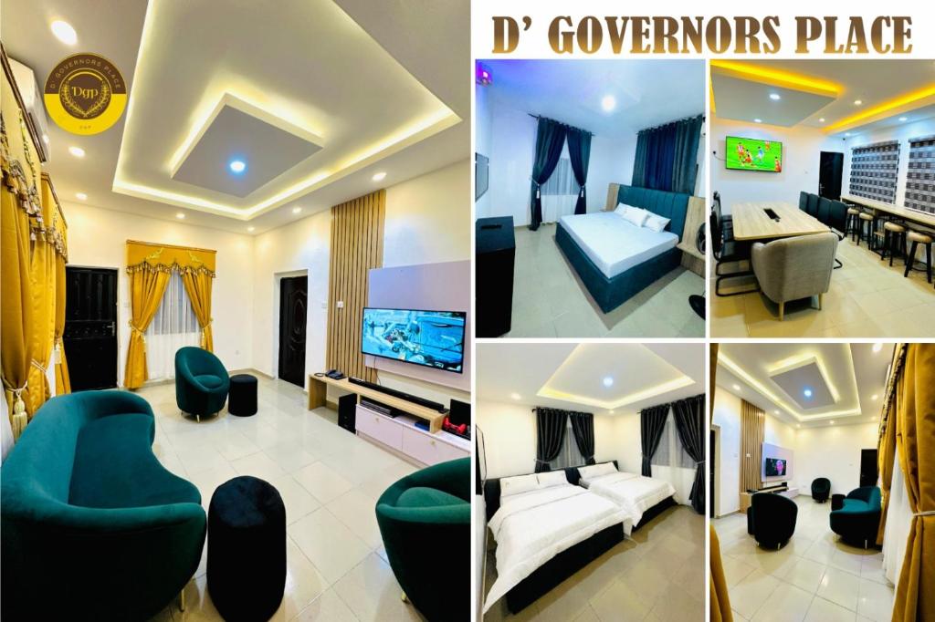 een collage van foto's van een hotelkamer bij D Governor's Place & Apartments in Port Harcourt