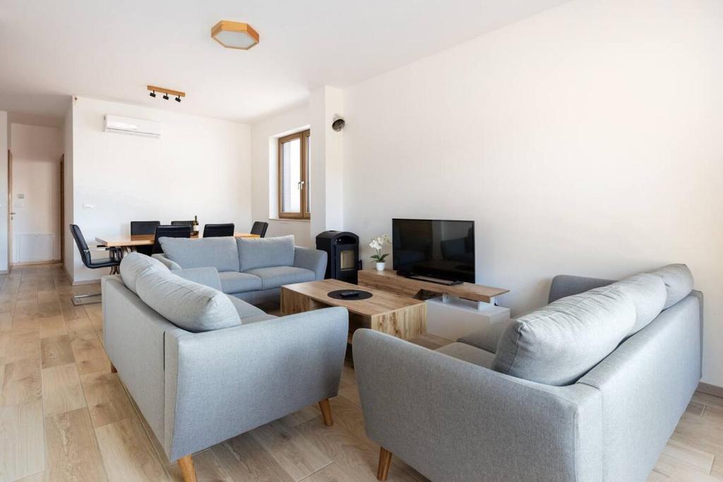 ein Wohnzimmer mit 2 Sofas und einem TV in der Unterkunft Duplex Holiday Apartment in Škofljica