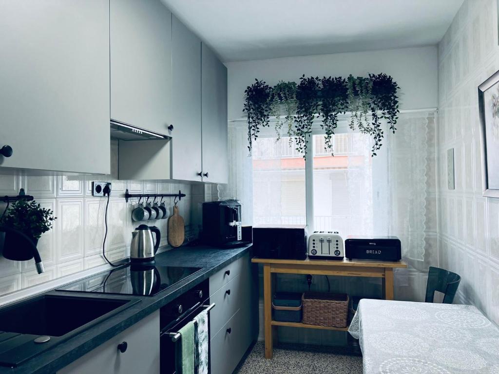 a kitchen with white cabinets and a window with plants at SOLMAR Playa Gandia SOLO FAMILIAS in Playa de Gandia