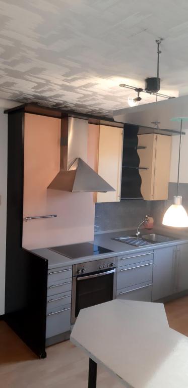 una cocina con fregadero y estufa en Haus Güdingen, en Saarbrücken