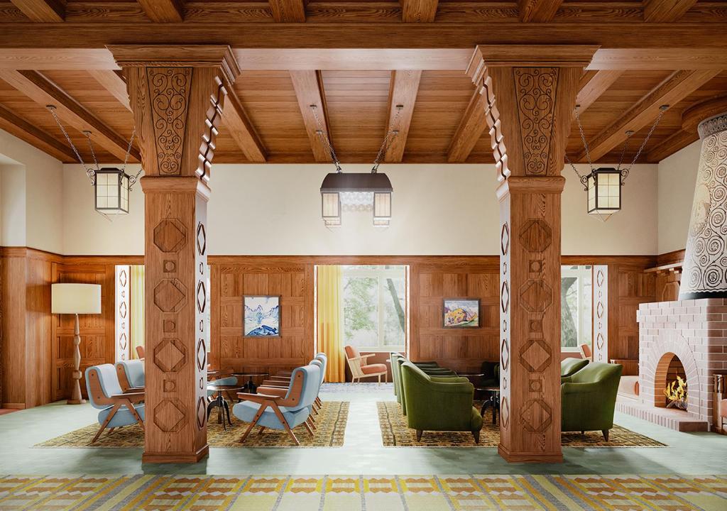 ein Wohnzimmer mit Holzdecken und einem Kamin in der Unterkunft Grand Hotel Belvedere, a Beaumier Hotel & Spa in Wengen