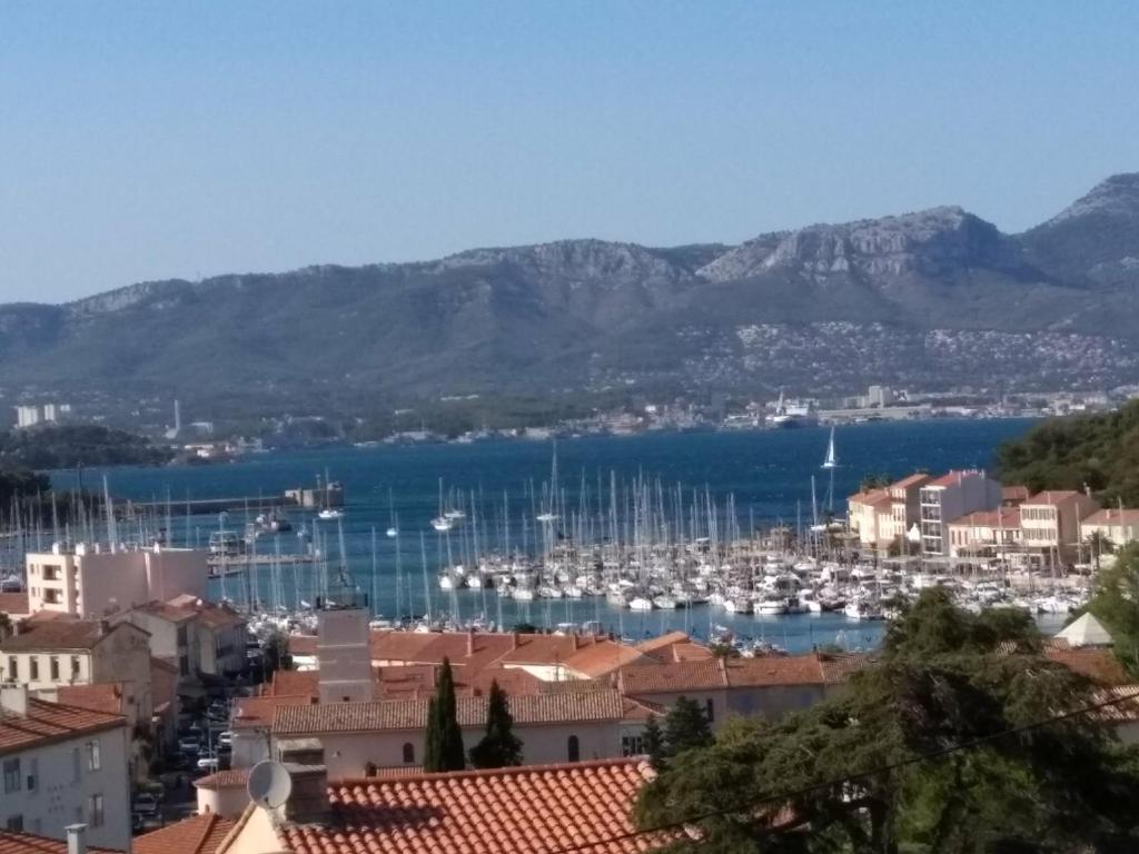 une vue d'un port avec des bateaux dans l'eau dans l'établissement Villa sur le toit, à Saint-Mandrier-sur-Mer