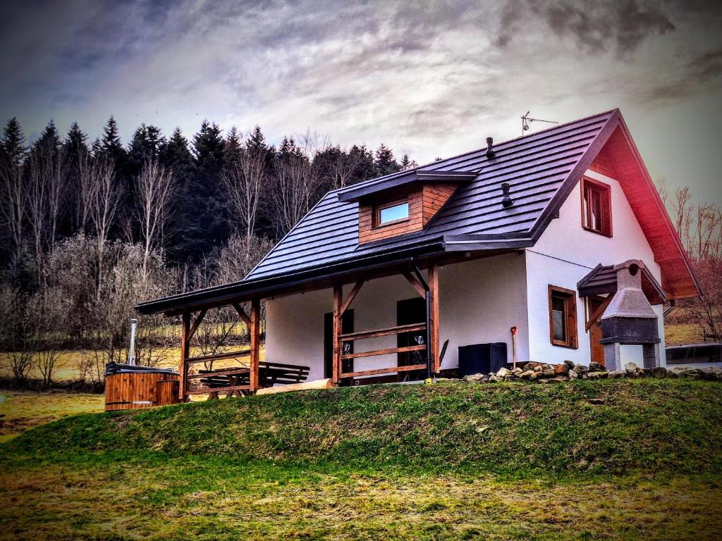 a house with a gambrel roof on top of a hill at Leśna Chata domek z balią in Sękowa