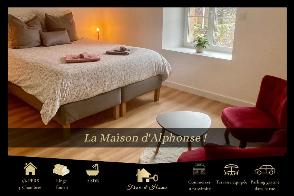 a bedroom with a bed and a chair and a window at LA MAISON D'ALPHONSE, charmante, centre historique 4-6pers in Quimperlé