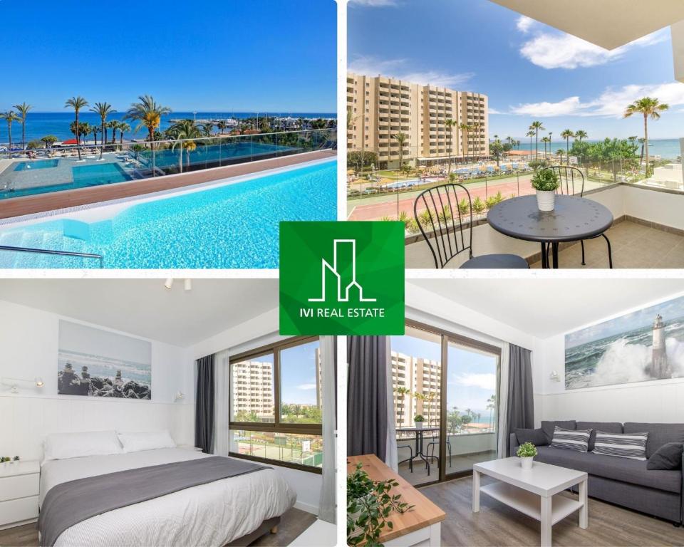 un collage de fotos de un hotel con dormitorio y piscina en Ocean House Bloque 3 Planta 1 By IVI Real Estate, en Torremolinos
