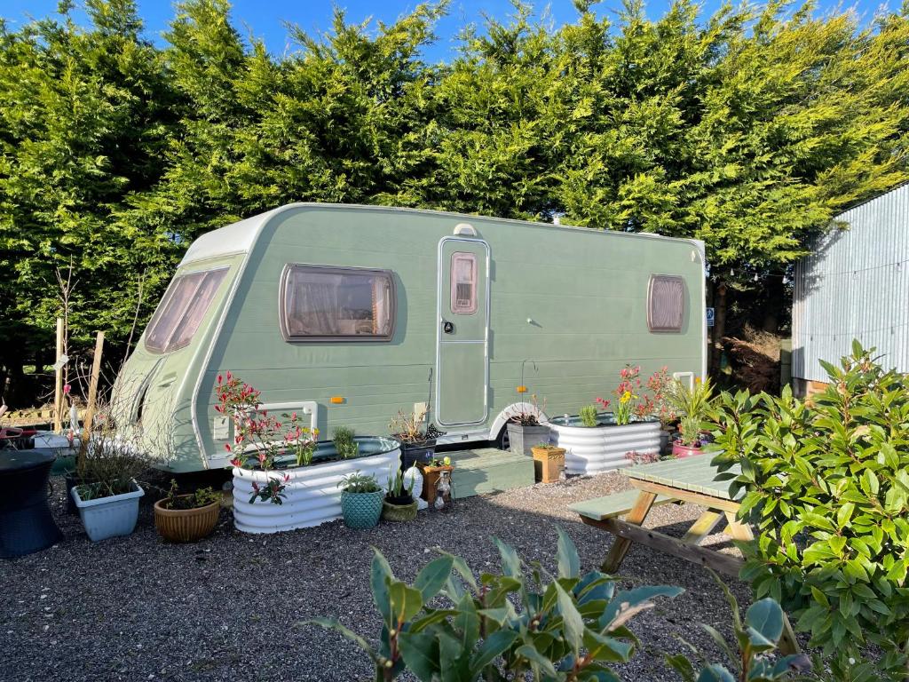 a green caravan parked in a yard with plants at Top Pen Y Parc Farm Glamping in Holywell