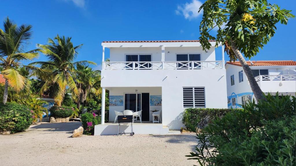 ein weißes Haus am Strand mit Palmen in der Unterkunft Ocean Teal Villa Marazul in Westpunt