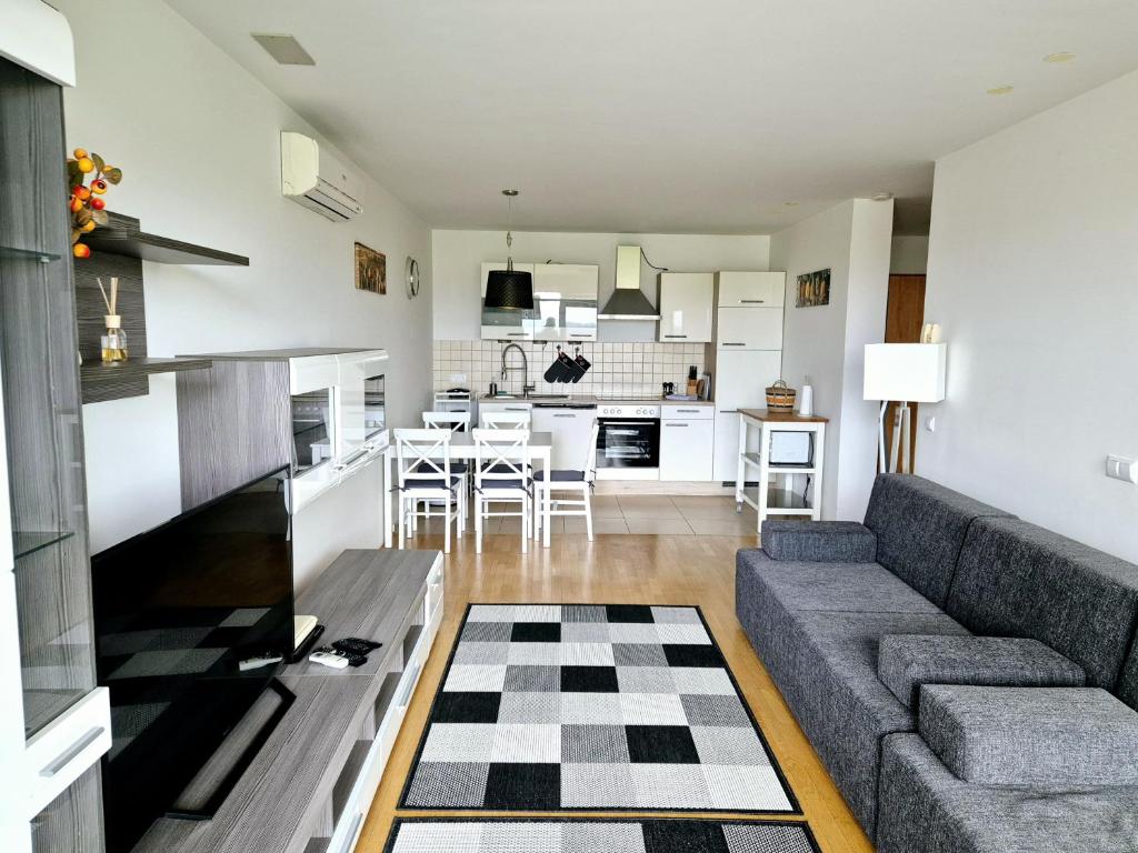 un soggiorno e una cucina con divano e tavolo di THE BIG SPACE - Apartmaji PANONIA a Moravske Toplice