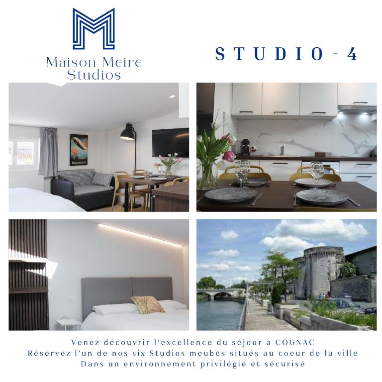 un collage de photos d'une cuisine et d'un salon dans l'établissement Maison Meire Studios, à Cognac