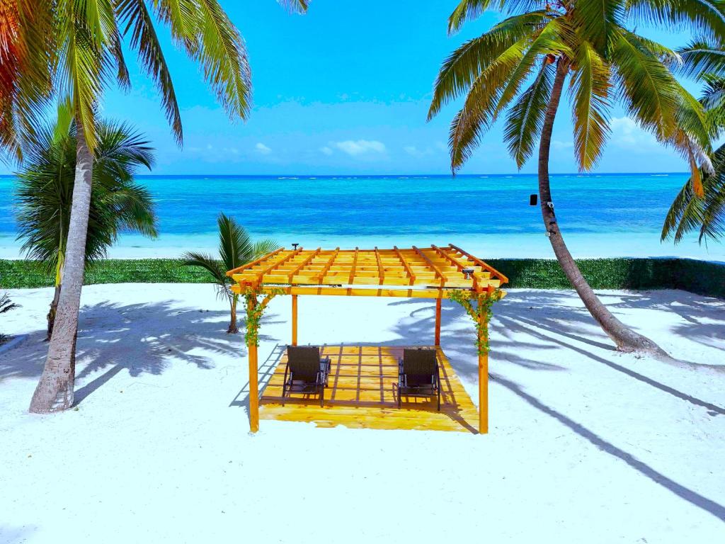 a yellow bench on the beach with palm trees at The Zanzibar Beach House-South in Pingwe