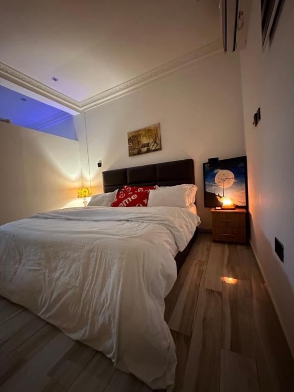 sypialnia z dużym białym łóżkiem z czerwoną poduszką w obiekcie Rich homes w mieście Baatsona