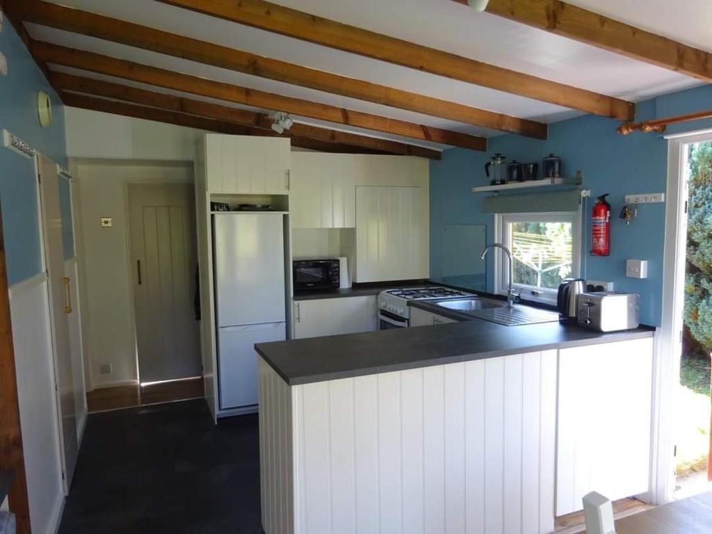 a kitchen with white cabinets and a white refrigerator at Turtle Lodges 29 - Riverside in Builth Wells