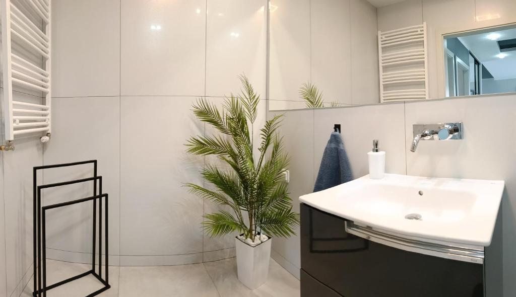 La salle de bains est pourvue d'un lavabo et d'une plante en pot. dans l'établissement Apartament Zielony Zakątek Wrocław, à Wrocław