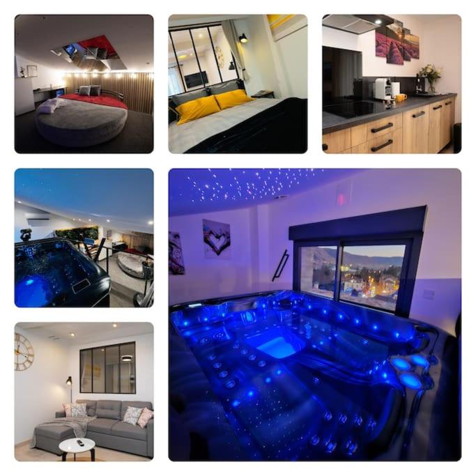 - un collage de photos d'une chambre avec bain à remous dans l'établissement Love and Spa du Château, à Château-Arnoux-Saint-Auban