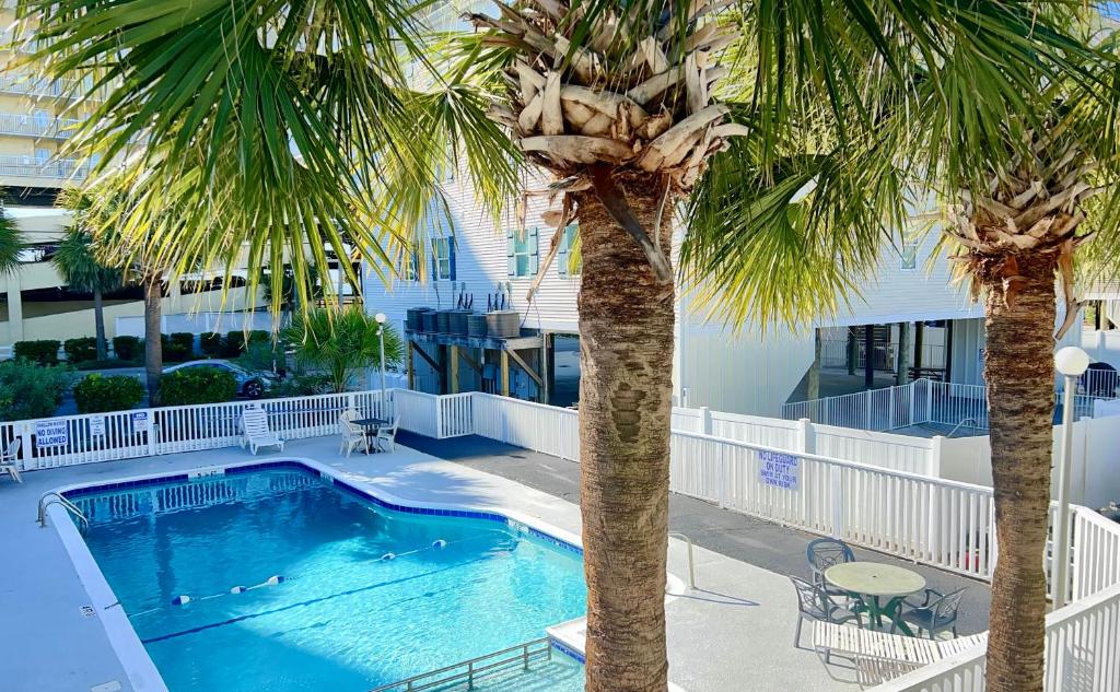 ein Pool mit zwei Palmen neben einem Gebäude in der Unterkunft Coco Loco in Myrtle Beach