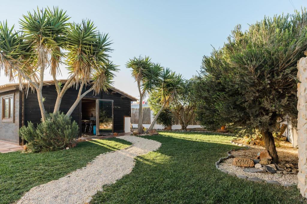 a yard with palm trees and a house at Aldeia Caiçara Surf House in Sagres