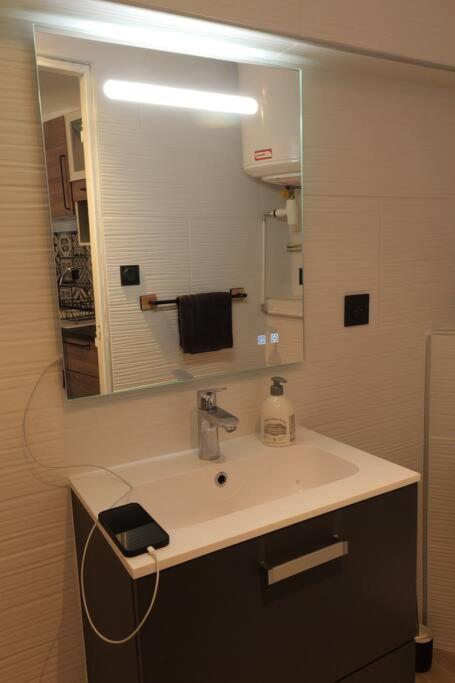 a bathroom with a sink and a mirror at Appartement centre ville de Pierrelatte&#39; in Pierrelatte
