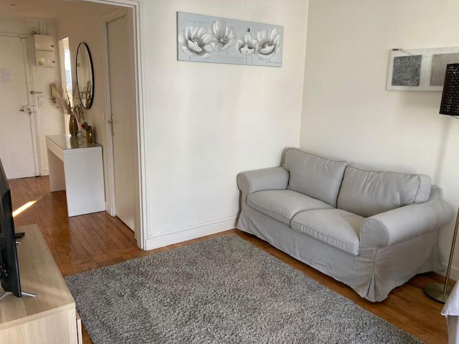 uma sala de estar com um sofá e um tapete em Appartement entier de 2 pièces avec lit King size em Boulogne-Billancourt