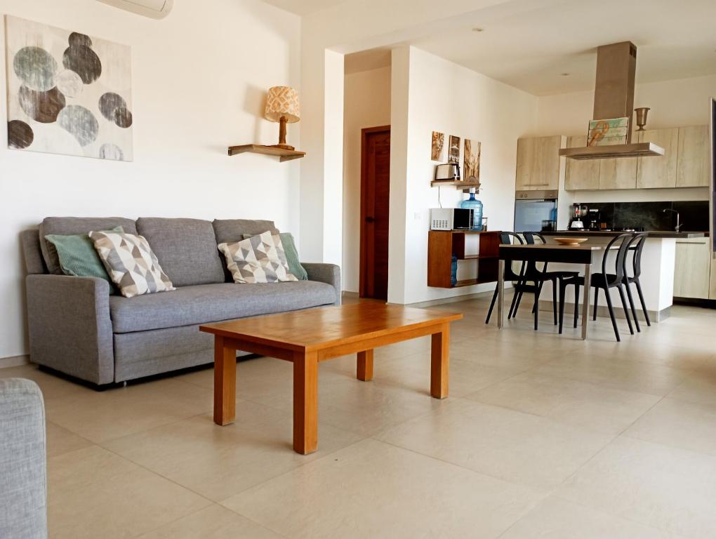 ein Wohnzimmer mit einem Sofa und einem Tisch in der Unterkunft Appartement 1 CH centre Las Terrenas 100 m2 piscine et parking in Las Terrenas