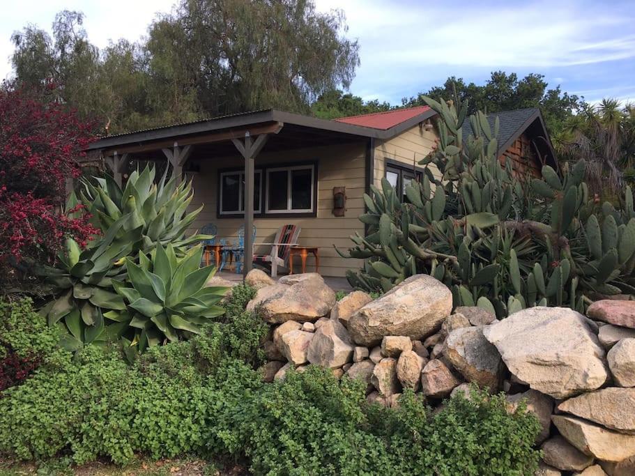 Ein Haus mit einem Haufen Kakteen und einer Felswand in der Unterkunft Pacific Coast Hwy Bunkhouse in San Luis Obispo in San Luis Obispo