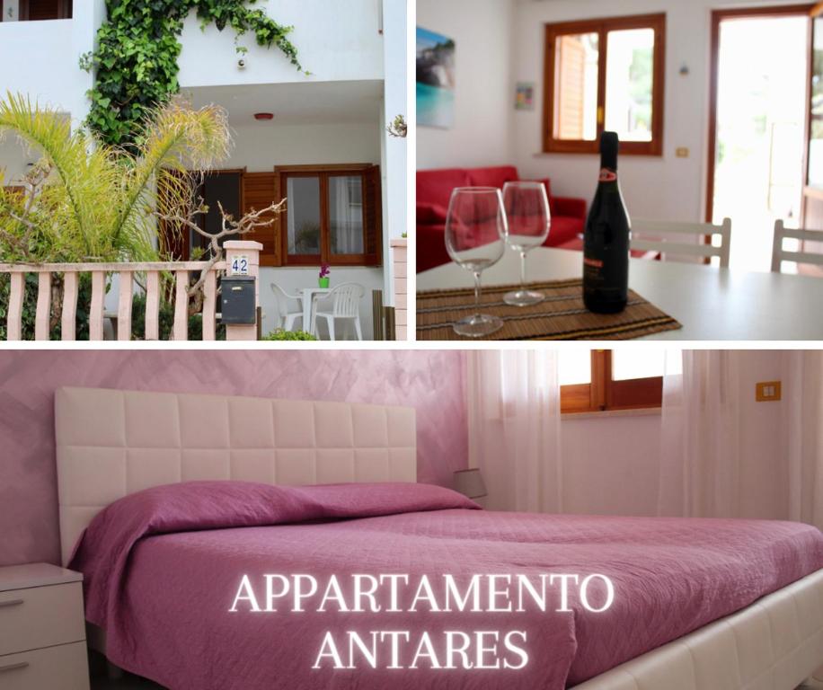 サン・ヴィート・ロ・カーポにあるAppartamento Antaresの- ベッドルーム1室(ベッド1台付)の写真2枚、ワイン1本