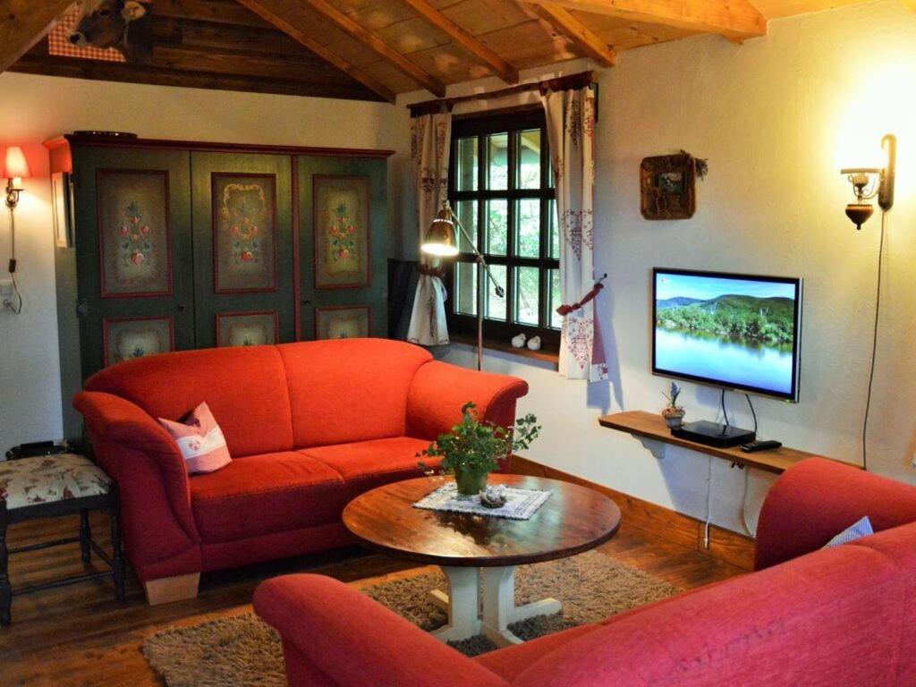 uma sala de estar com um sofá vermelho e uma televisão em Nice apartment in Willingen-Neerdar em Neerdar