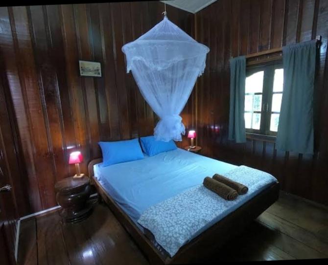 a bedroom with a bed with a mosquito net above it at Ratanakiri Lakeside Homestay & Tours in Banlung