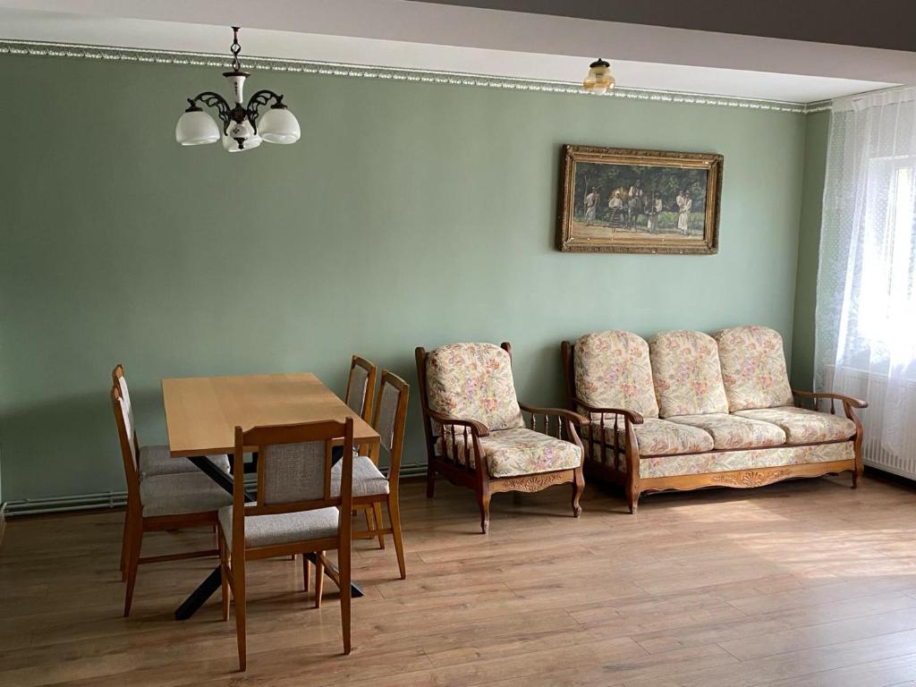 un soggiorno con divano, sedie e tavolo di Apartament ultracentral Botis a Sighetu Marmaţiei