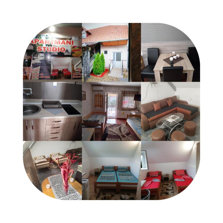 a collage of four pictures of a living room at Apartmani Studio in Melenci