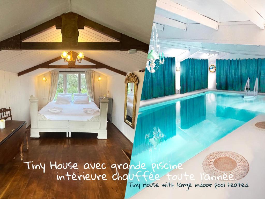 een huis met een zwembad met een bed en een slaapkamer bij Isba Tiny House piscine couverte à partager in Marais-Vernier
