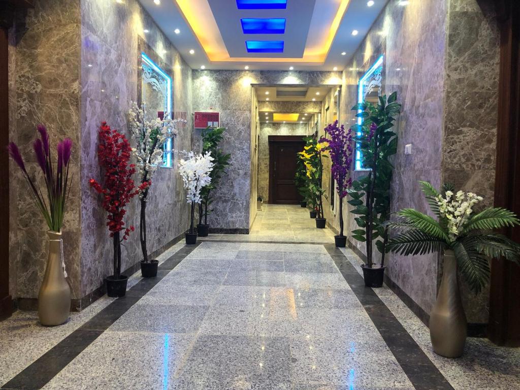 un couloir avec des fleurs et des plantes dans des vases dans l'établissement Al-Andalos Studio, à New cairo