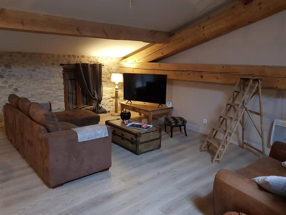sala de estar con sofás y TV de pantalla plana. en Le gîte Joyeuse triplette Limoux Carcassonne, en Limoux