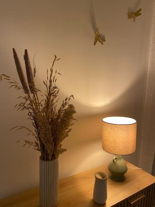 a vase with a plant on a table with a lamp at Charmant T3 à côté des Thermes in Luxeuil-les-Bains