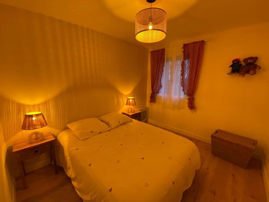 a bedroom with a large bed and two lamps at Charmant T3 à côté des Thermes in Luxeuil-les-Bains
