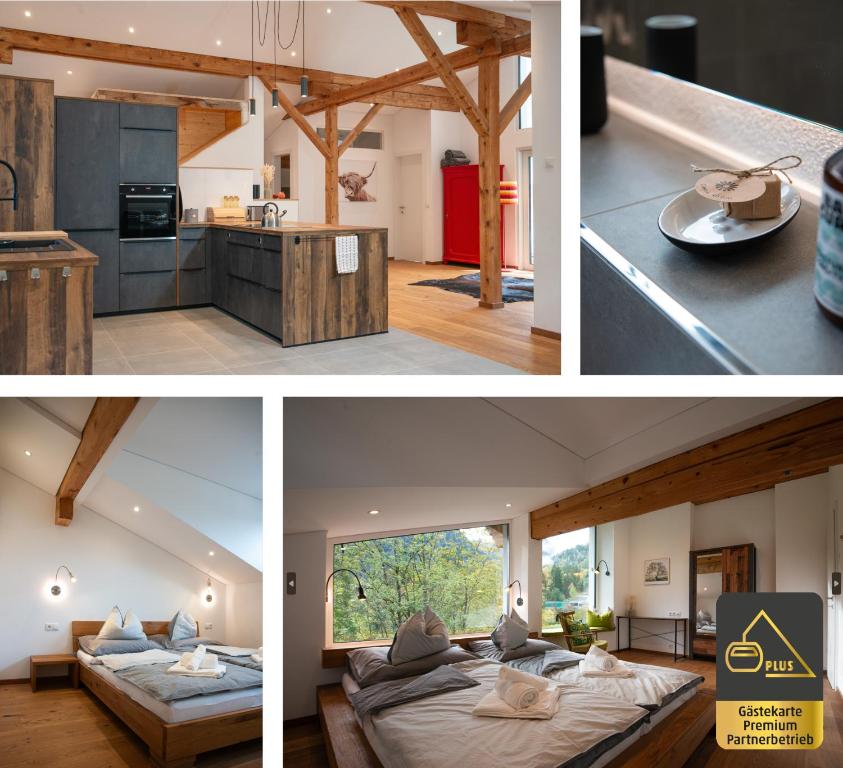 a collage of photos of a kitchen and a house at 12er Huus in Bürserberg