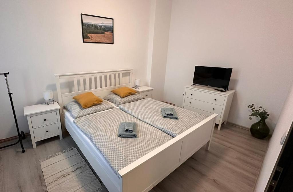 Dormitorio pequeño con cama y TV en Apartmány na Trojce, en Žatec
