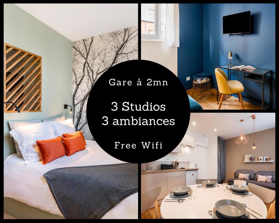 a collage of pictures of a bedroom with a bed and a room with at Studios Part-Dieu Gare - HomaLyon in Lyon