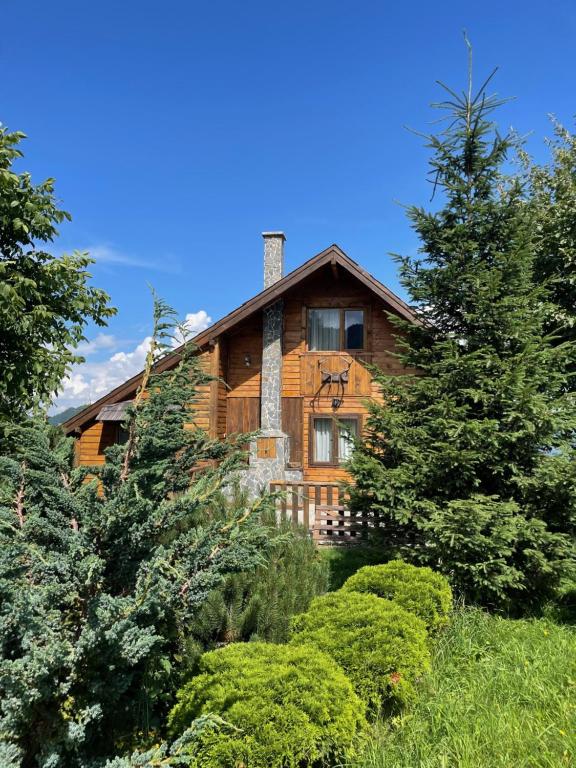 a wooden house surrounded by trees and bushes at Chalet Ro in Peştera