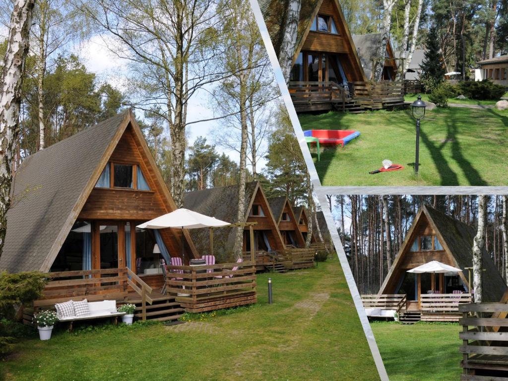 uma colagem de quatro imagens de uma cabana de madeira em Zinnowitz, Finnhütte am Ostseestrand em Zinnowitz