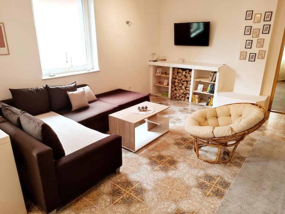 a living room with a couch and a table at Štýlový Apartmán Andrea blízko Snowlandu Valča in Stará Turá