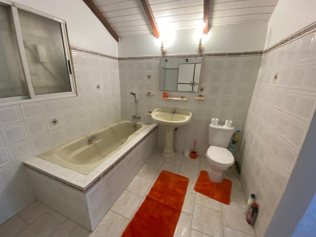 a bathroom with a tub and a toilet and a sink at UN PLONGEON A la DEMEURE MOCENEA in Richemont