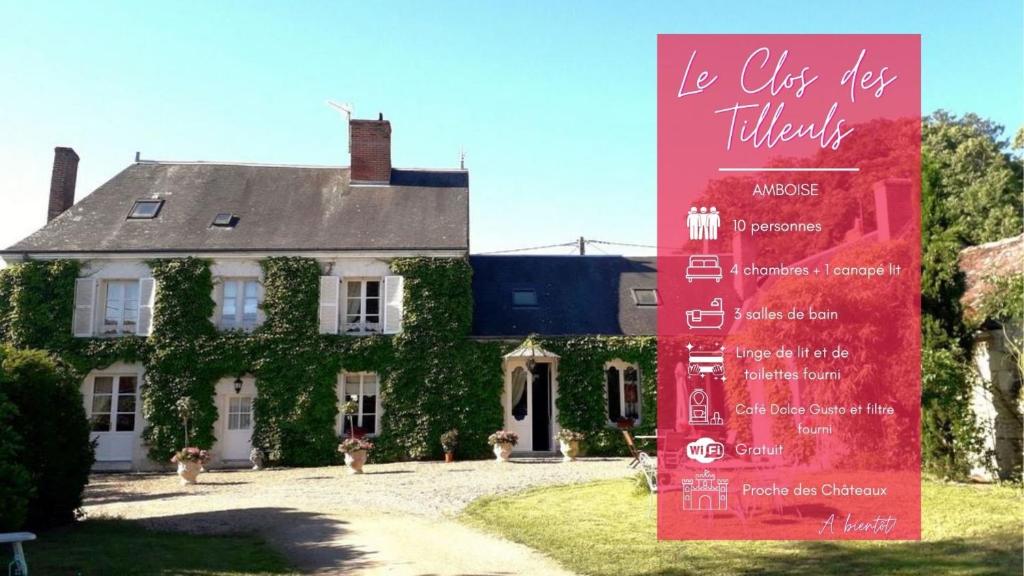 a large house with a sign in front of it at Le Clos des Tilleuls - Gîte 10 personnes in Francueil