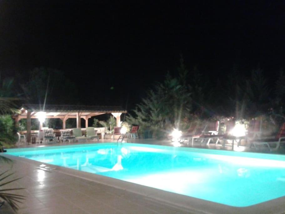 a large swimming pool at night with lights at maison de rêve dans un écrin de verdure au calme in Eccica-Suarella
